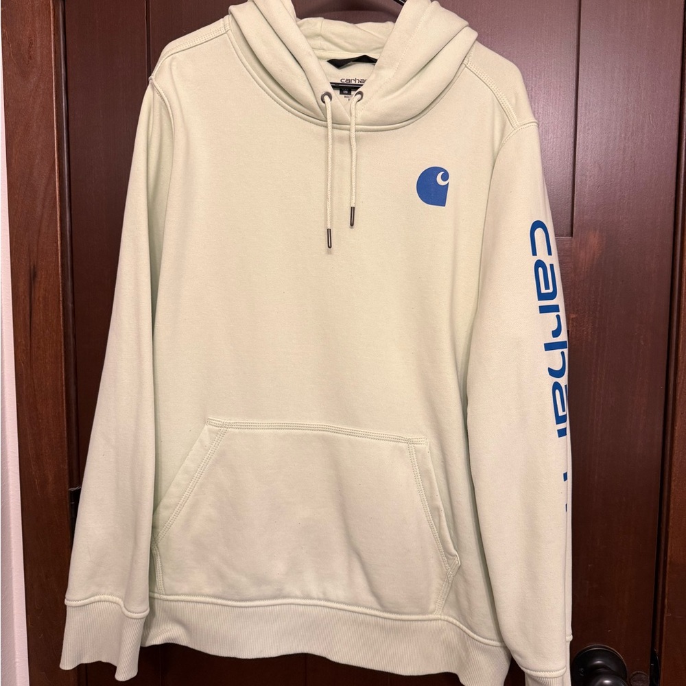 Carhartt Cream Hoodie with Blue Logo